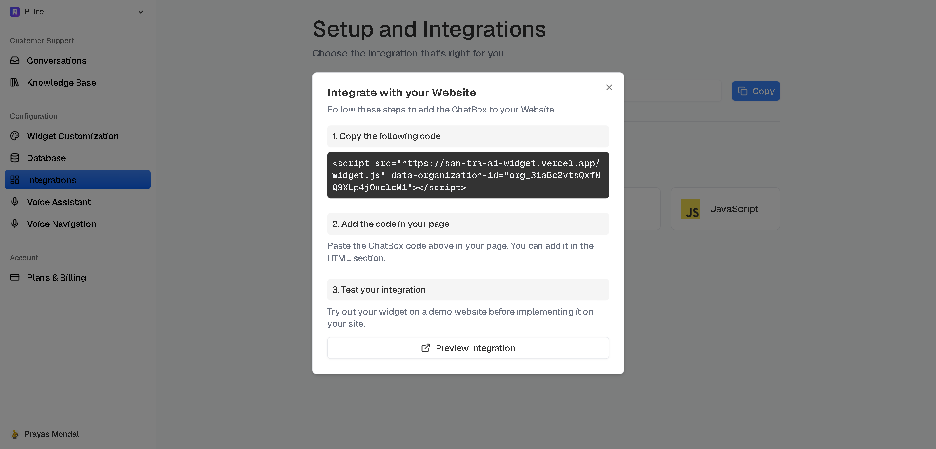 SanTra-AI widget integration and deployment